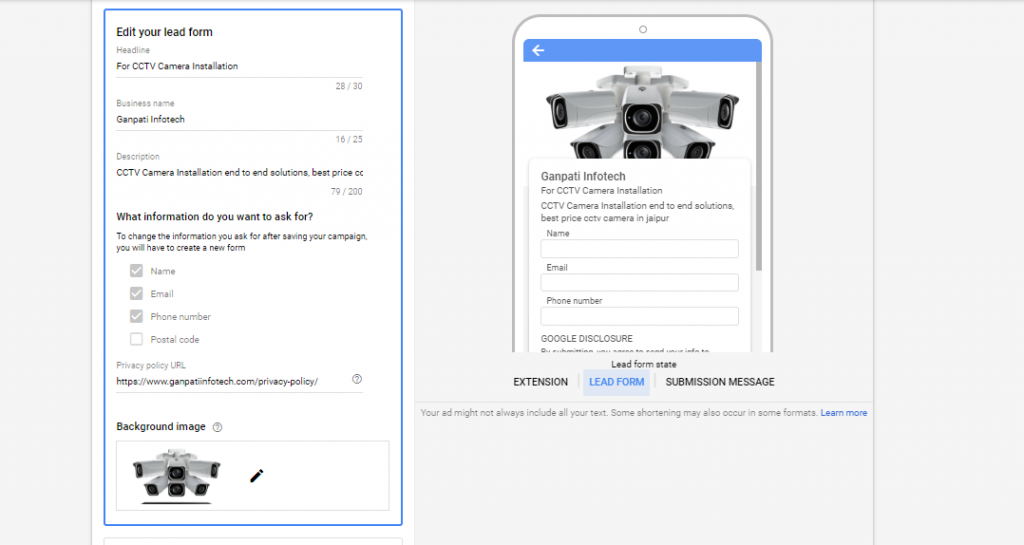Form Section of Google lead form extension